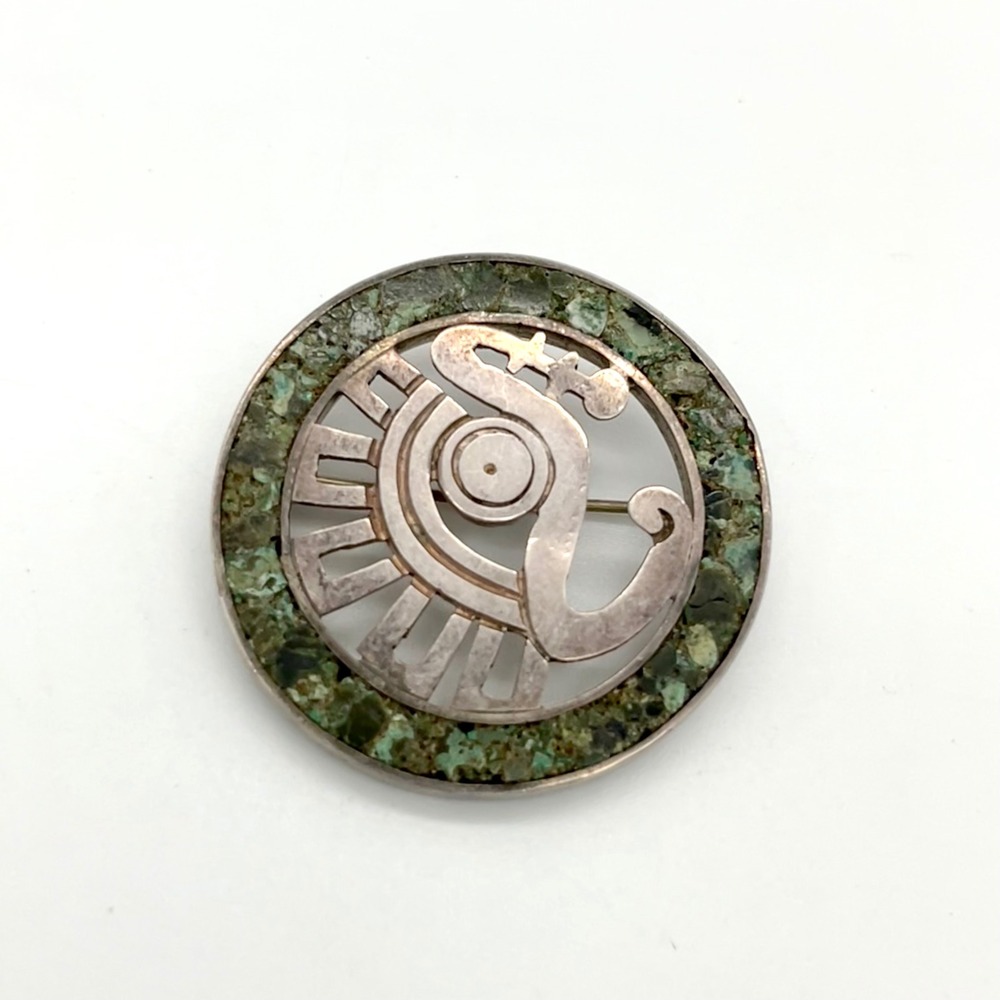 Miguel Melendez Taxco Sterling Silver Blue‎ Green Stone Tribal War Circle Brooch